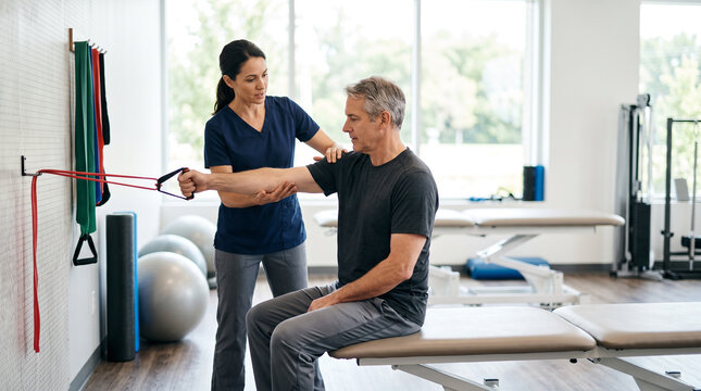 Physical therapist guiding patient through rehabilitation exercise