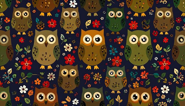 Cute Cartoon Owl Batik Pattern with Floral and Leaf Motifs