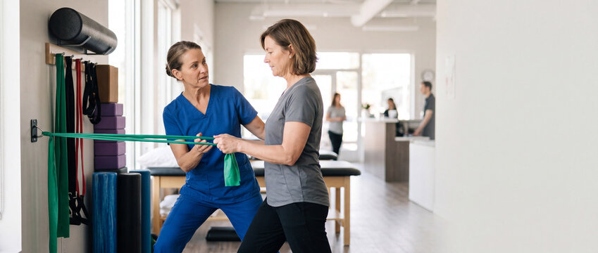 Physical therapist guides adult patient through rehabilitation exercise, demonstrating movement to support injury recovery, mobility, strength, patient care and physical therapy treatment.