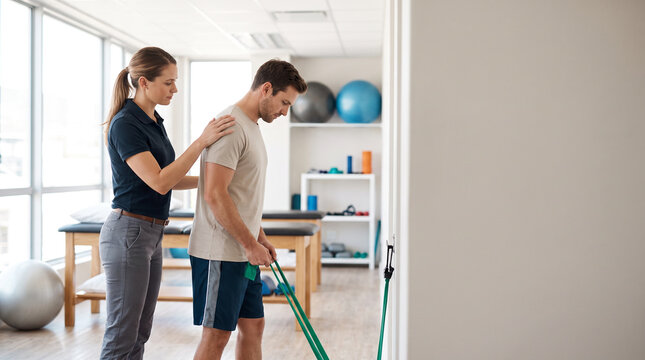 Physical therapist guides adult patient through rehabilitation exercise, demonstrating movement to support injury recovery, mobility, strength, patient care and physical therapy treatment.