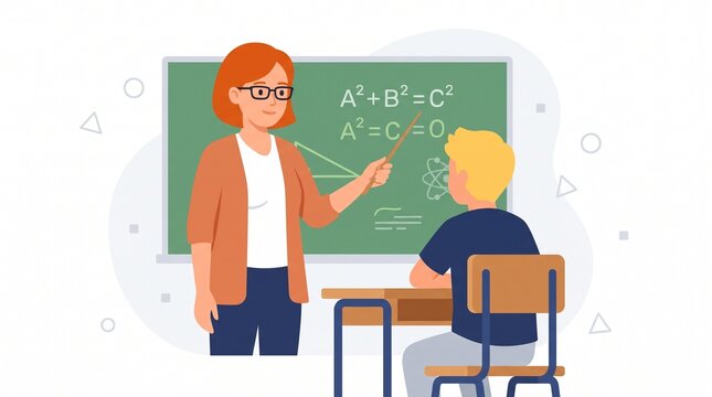 Female teacher with bright red hair standing in a modern classroom pointing at a green chalkboard while explaining complex mathematical geometry formulas to a young male student sitting at desk