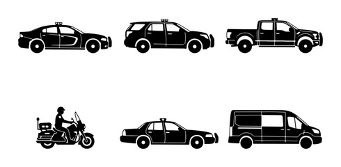 Naklejka premium Black Silhouette Vehicle Icons: Police Car, SUV, Pickup Truck, Motorcycle, Taxi, Van