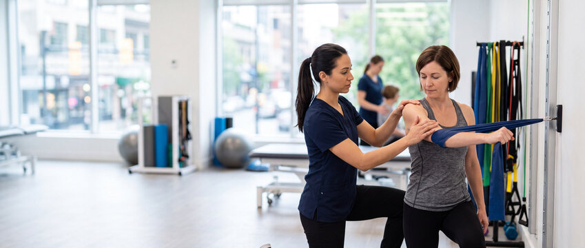 Physical therapist guides adult patient through rehabilitation exercise, demonstrating movement to support injury recovery, mobility, strength, patient care and physical therapy treatment.