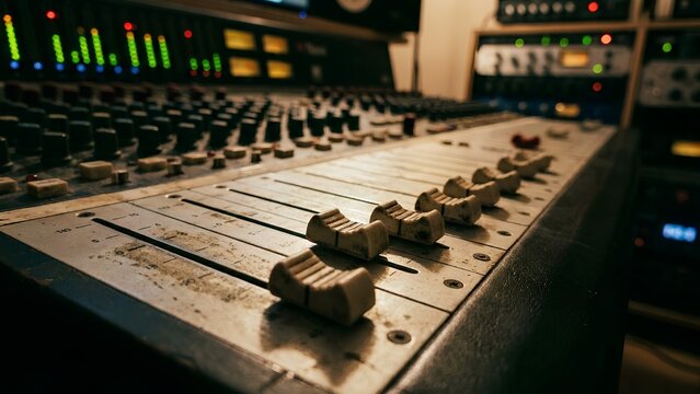 Close up of faders on a vintage analog audio mixing console in a recording studio