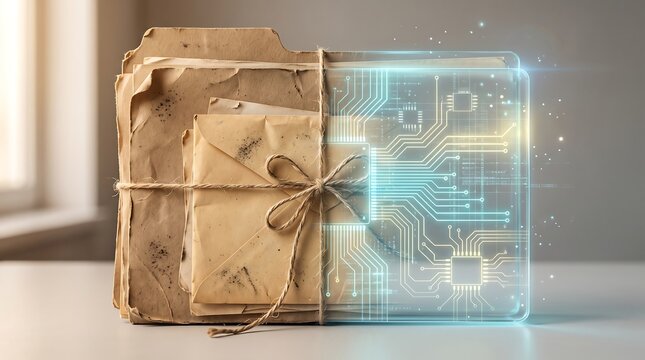 Old Meets New: Vintage Kraft Paper Wrapped Package Transforming into Futuristic Digital Circuit Board Technology, Concept of Innovation and Digital Transformation