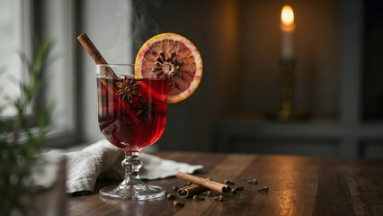 Fototapeta premium Cozy Warm Beverage with Spices and Citrus Accent on Wooden Table