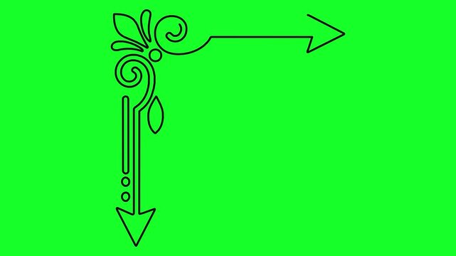 Elegant ornamental frame drawing animation with arrows and leaf details on green screen.