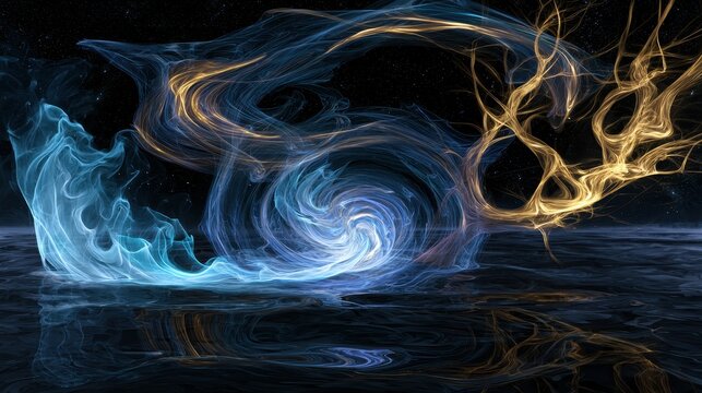 Abstract cosmic dance of swirling blue and gold energy waves in deep space background