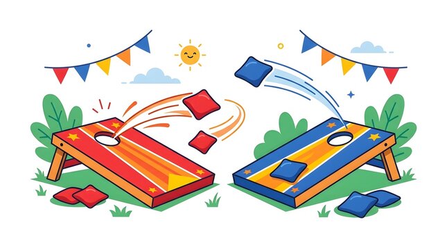 Vibrant flat vector illustration of an outdoor cornhole lawn game with red and blue wooden boards, bean bags tossing into holes, bunting flags, and sunny backyard party setting isolated on white backg
