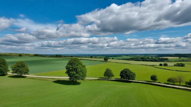 Aerial view of a lush green countryside landscape with rolling fields and scattered trees under a blue sky with fluffy white clouds