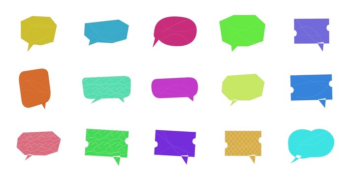 Speech bubbles and chat boxes for communication and social media design elements isolated on a plain white background