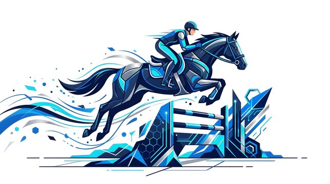 Futuristic show jumping horse and rider in dynamic blue digital style illustration