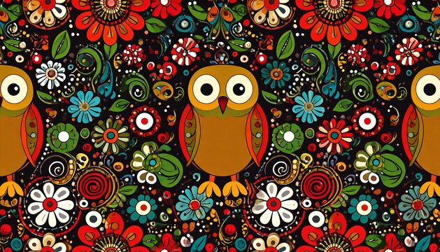 Cute Cartoon Owl Batik Pattern with Floral and Leaf Motifs