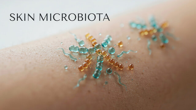 Microscopic view of skin microbiota with colorful bacterial clusters on human skin