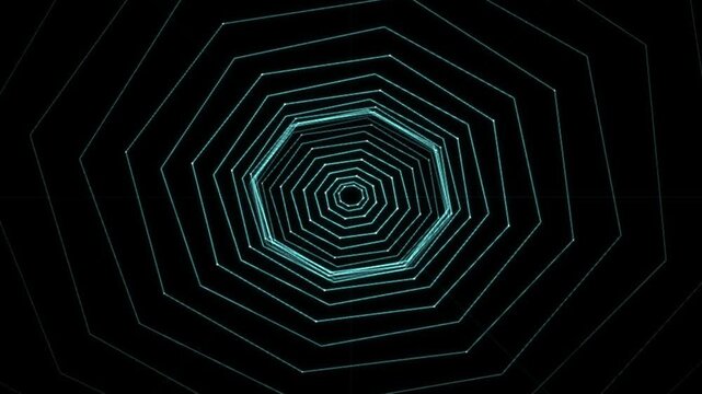 Abstract Futuristic Hexagonal Wireframe Tunnel with Glowing Geometric Perspective and Dark Digital Technology Background