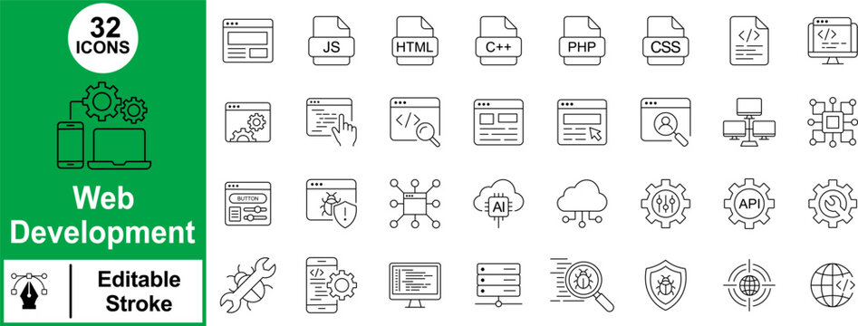 Web development icon set for programming and software engineering, including coding, server, database, and cloud computing symbols in a clean line art style