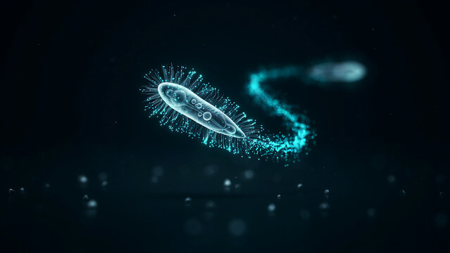Microscopic paramecium organism swimming through liquid leaving a glowing trail