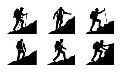Fototapeta premium Hiking Silhouette Icons, Mountain Climbing Vector Set, Outdoor Adventure People Graphics