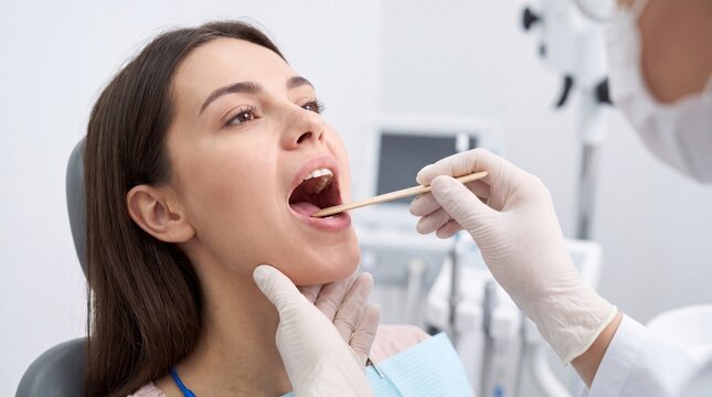Doctor using tongue depressor for throat check on female patient