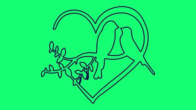 Minimalist continuous line animation of lovebirds sitting on branch inside heart shape.