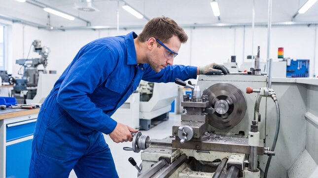 Worker adjusting industrial lathe for precision metal cutting