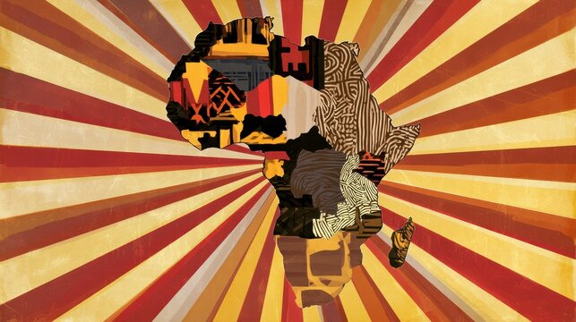 Artistic map of Africa continent with vintage retro sunburst background design