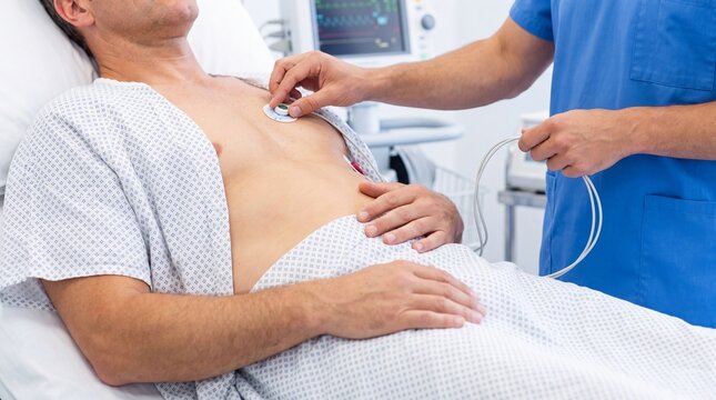 Nurse placing ECG electrode on patient chest in hospital