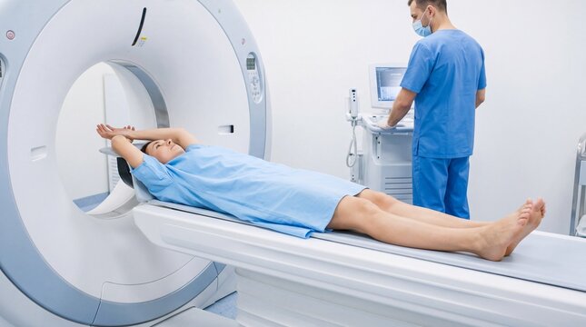 CT scan gantry with patient positioning by radiology technician