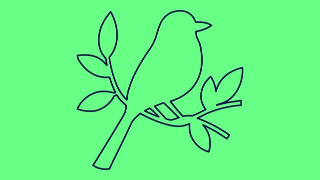 Minimalist line art drawing of a small bird perched on leafy branch over green backdrop.