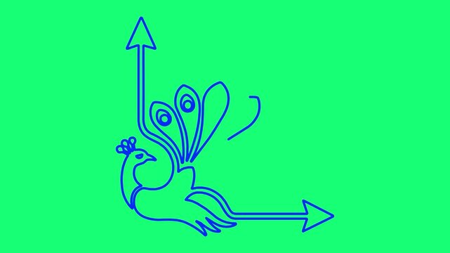 Peacock logo animation emerging from single line drawing on solid vibrant green background.