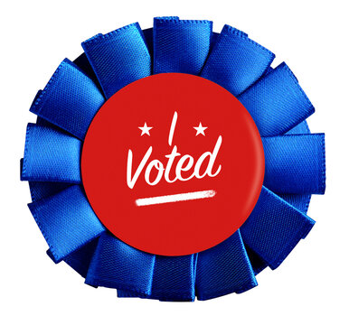 Blue i voted rosette button promoting voting and election participation, transparent background