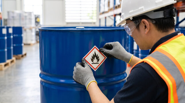 Worker applying flammable hazard label to blue steel drum in modern chemical storage warehouse