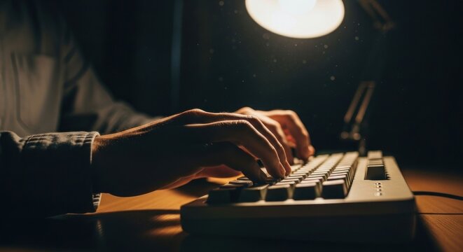 Intense focus on typing in dimly lit room creates an atmosphere of concentration
