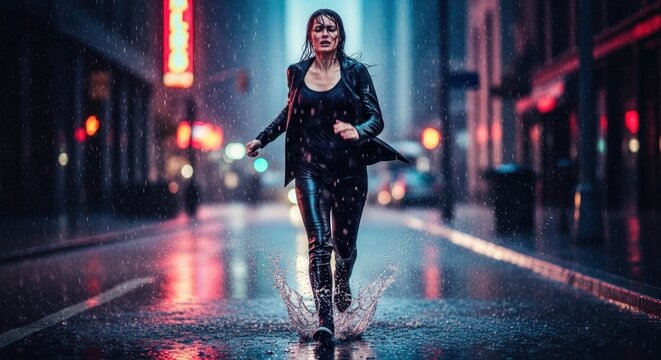 Dynamic depiction of determination a woman running through a vibrant city street during heavy rain