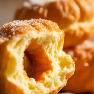 Freshly fried golden doughnut with granulated sugar and a bite taken out fried dough sugared doughnut sweet snack bitten doughnut golden brown