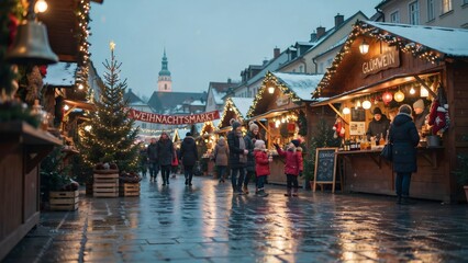 Obraz premium Cozy Christmas Market Scene with Festive Lights and Snowy Atmosphere
