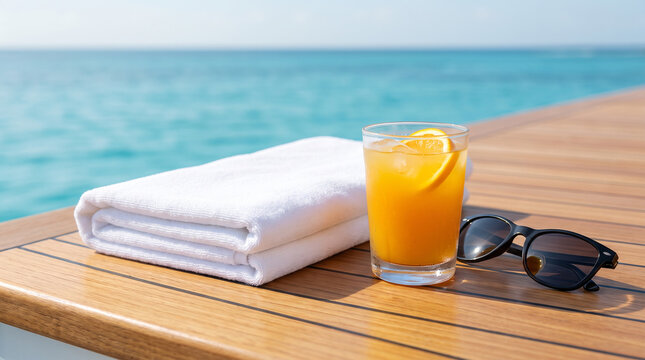 Folded white towel tropical juice and sunglasses on luxury cruise ship deck by turquoise ocean