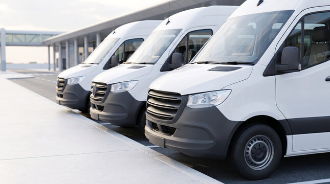 Low angle view of four passenger shuttle vans parked in diagonal row at airport pickup lane in soft daylight