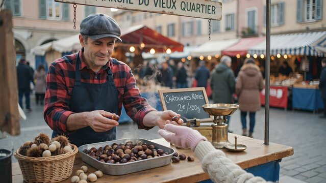 Vendor Selling Roasted Chestnuts at Outdoor Market in France