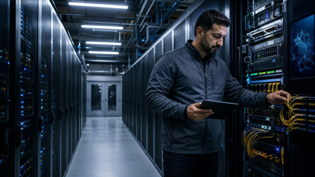 Middle Eastern Fiber Optic Network Engineer Managing Server Infrastructure in Data Center