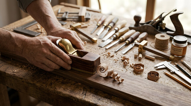 Carpenter using a wooden hand plane on a workbench with professional woodworking tools