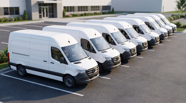 Row of identical white passenger vans parked in corporate office parking lot with blank side panels in bright morning daylight