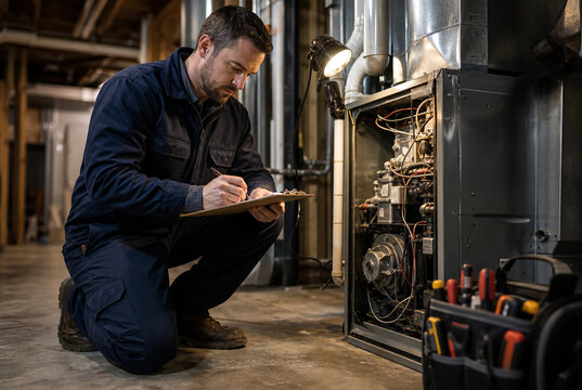 Professional HVAC technician inspecting residential furnace system in basement while taking notes, showcasing maintenance, repair service, heating system check, safety inspection, home service