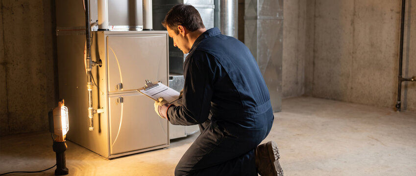 Professional HVAC technician inspecting residential furnace system in basement while taking notes, showcasing maintenance, repair service, heating system check, safety inspection, home service