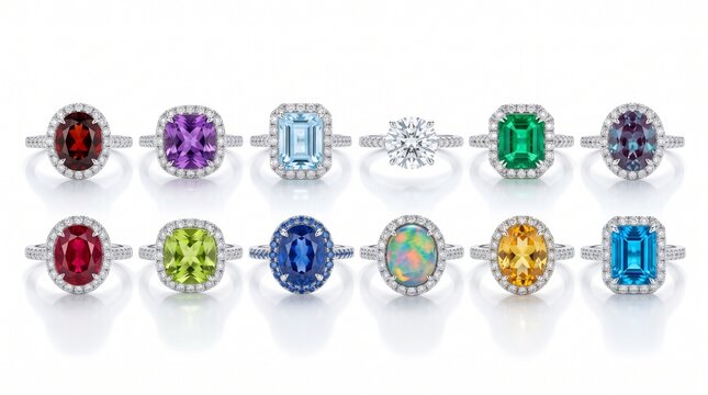Collection of luxury gemstone rings with sparkling diamonds on white background