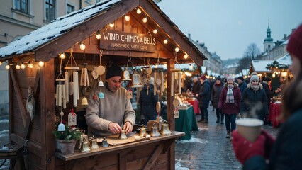 Obraz premium Charming Artisan Market Stall with Handcrafted Wind Chimes and Bells