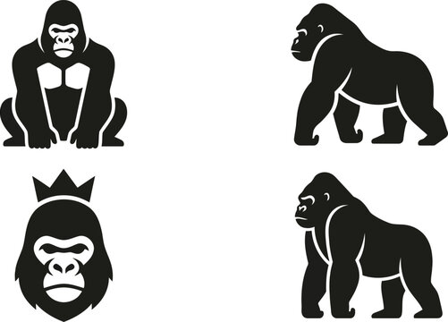 Set of black gorilla silhouettes and icons showing different poses for wildlife design and animal branding logos