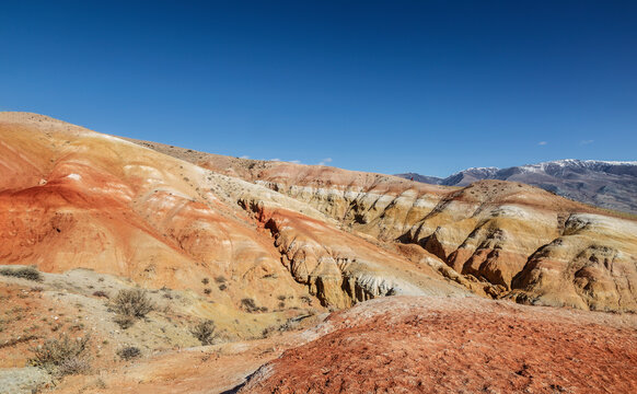 "Martian landscape" in the Kyzyl-Chin tract, Chui steppe, Gorny Altai, panorama. Russia