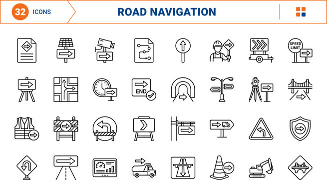 Detour Arrow Sign line icon set. Vector pictograms of road rerouting, traffic control, construction barrier, and navigation elements, thin linear illustration.
