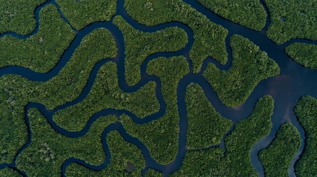 Aerial view of winding river branches in a lush green tropical forest resembling a neural network